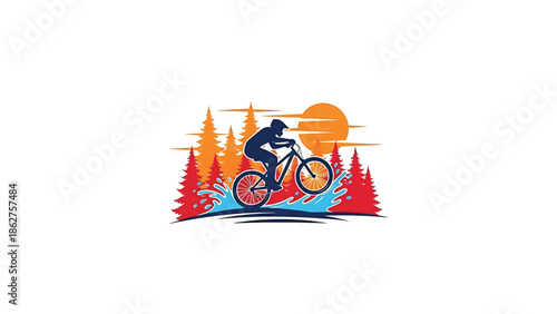 A silhouette of a cyclist riding a mountain bike over water, in front of a forest with a sun in the background