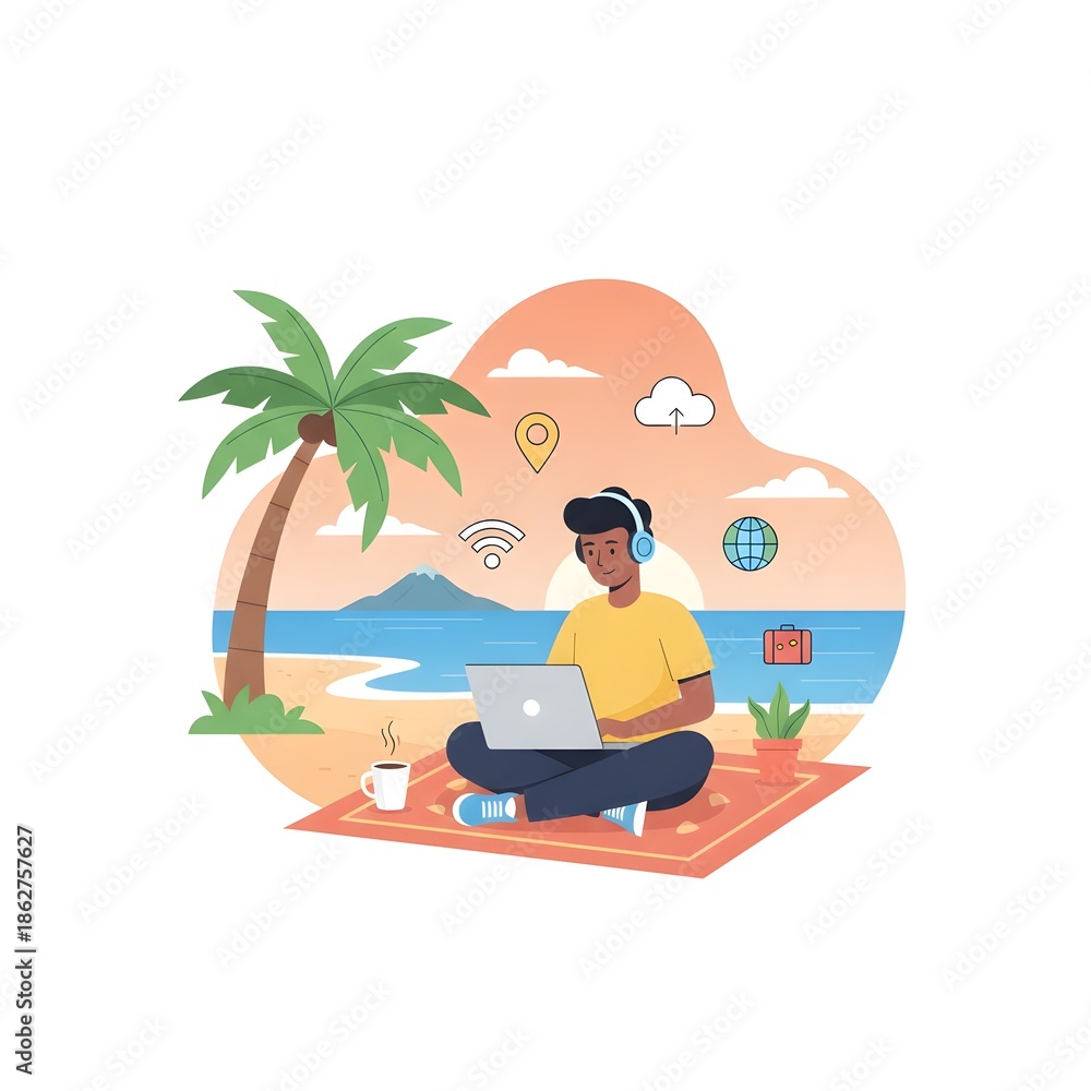 Fototapeta premium Remote Work and Digital Nomad Lifestyle Flat Vector