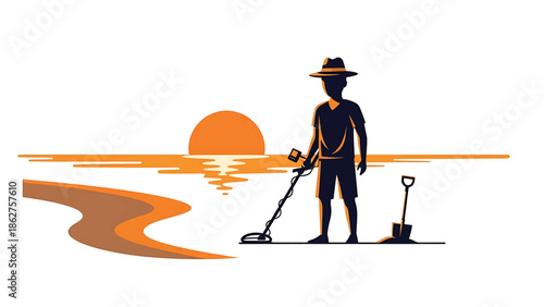 A silhouette of a person uses a metal detector on the beach at sunset, with a shovel nearby. The scene is in orange and black tones