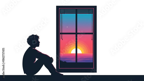 A silhouette of a person wearing headphones sits by a window, gazing at a sunset over the sea. The image has a textured, digital art style