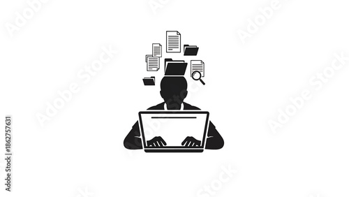 A silhouette of a person working on a laptop with documents and folders floating above their head. A magnifying glass rests above