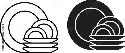 Dishware and Plate Icon Set Showing Clean Kitchen Utensils, Stacked Dishes, and Tableware Symbols in Outline and Solid Style