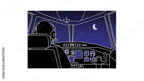 A silhouette of a pilot in the cockpit at night, with a view of the starlit sky and crescent moon through the windscreen