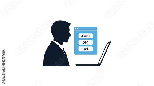 A silhouette figure looking at a laptop with a window showing domain name options, like .com, .org, and .net, representing digital space