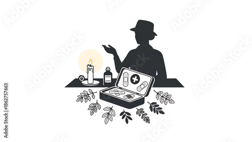 A silhouette figure in a hat gestures towards a first aid kit. A lit candle, a small bottle, and leaves surround the scene