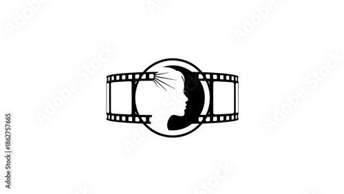 A silhouette of a profile is framed by a filmstrip, within a circle, representing film, cinema, or visual arts