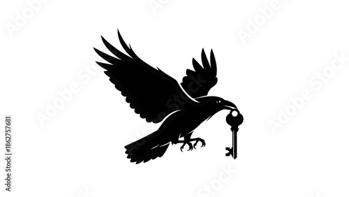 A silhouette of a raven in flight, holding a key in its beak, against a white background. This design evokes mystery and secrecy