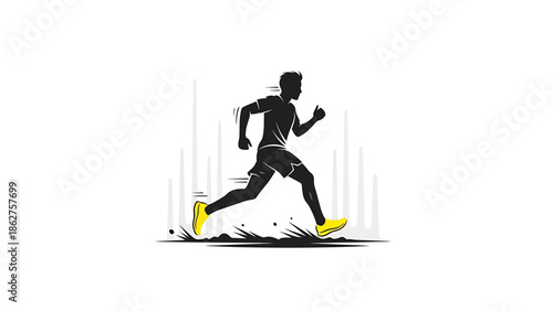 A silhouette of a runner in motion, wearing shorts and a t-shirt, with yellow shoes, and white and gray background