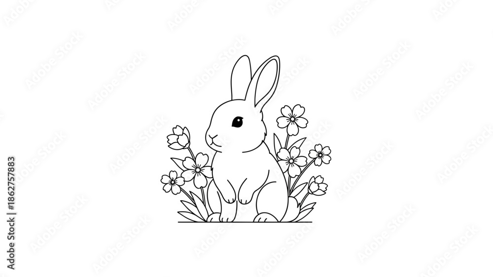 Fototapeta premium A simple, black-and-white illustration of a rabbit sitting amongst flowers, outlined on a white background. The ears are long