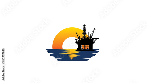 A silhouette of an offshore platform, set against a rising sun over the calm sea. The sunset casts a reflection on the water
