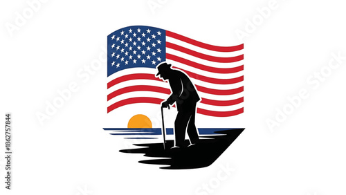A silhouette of an elderly person with a cane against the backdrop of an American flag, with a sunrise over water