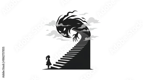 A silhouette of a girl facing a staircase leading up to a monstrous figure amongst clouds, representing a looming challenge