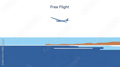 A silhouette glider flies above an ocean with a brown landmass and a blue sky in a minimalist style. The text "Free Flight" is at the top
