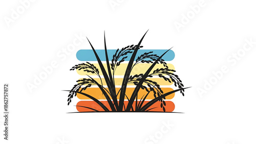 A silhouette of rice stalks, depicted in black against a backdrop of pastel-colored horizontal bars. Grainy texture suggests nature