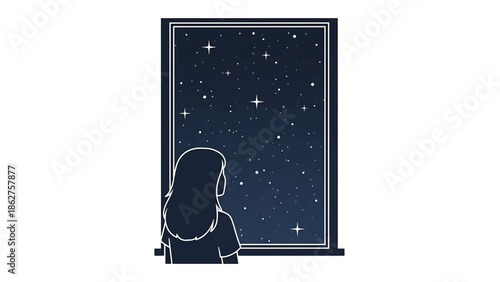 A silhouette of a girl gazes out a window at a starry night sky. The stylized image has simple linework