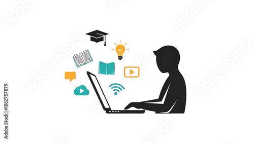 A silhouette operates a laptop with school icons floating around it. The image is on white. Various online learning elements