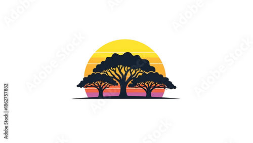 A silhouette of three trees with a sun in the background. The sun is a gradient of yellow, orange, and purple. The trees are black
