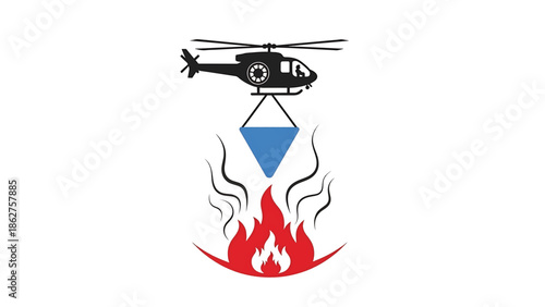 A silhouette helicopter douses a fire with a water bucket. Flames blaze below with stylized smoke. It's a rescue scene