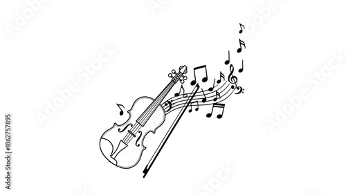 A simple, black-and-white illustration of a violin with a bow and musical notes floating away from it on a white background