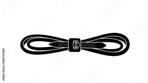 A simple, black-and-white illustration of a zip tie, commonly used for bundling and securing items. The tie is in a looped, cinched position