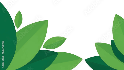 A simple, abstract design featuring overlapping green leaves of various shades against a white backdrop, conveying nature's aesthetic