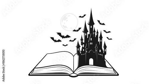 A silhouette of a gothic castle emerging from an open book, accompanied by bats and a full moon in a monochrome design