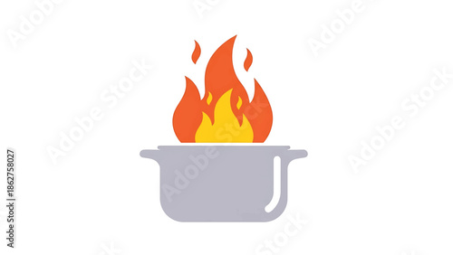 A simple, cartoon illustration of a cooking pot with flames rising from it, set against a plain white background, offering visual simplicity