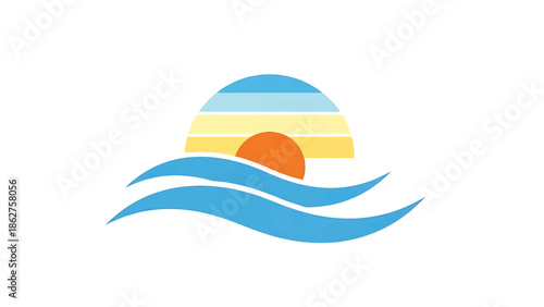 A simple, colorful graphic featuring a sunset over stylized waves. The sun is represented by an orange circle and striped sky