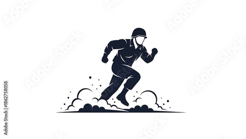 A silhouette of a soldier running with dust clouds around the feet and legs, in a grainy style, against a white background