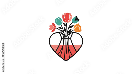 A simple, colorful floral illustration features a vase shaped like a heart, holding flowers with a variety of petals and stems. The background is white
