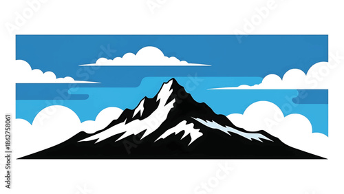 A simple, cartoon illustration depicts a mountain range with snowy peaks, white clouds, and a bright blue sky