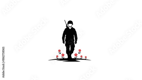 A silhouette of a soldier walking forward, carrying a weapon. Red flowers bloom at his feet. A minimalist, emotional illustration