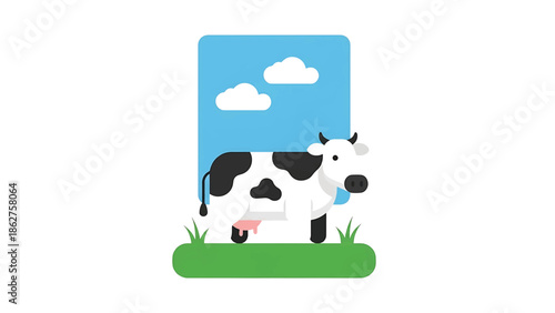 A simple, cartoon illustration of a cow with black patches and horns. It stands on grass, under blue sky with clouds