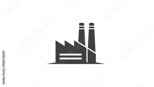 A simple, dark gray graphic of an industrial building. Two smokestacks and a building form. Set against a white background