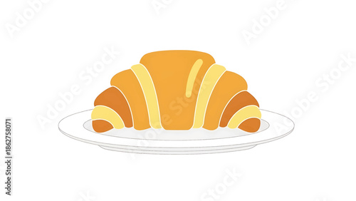A simple, cartoon illustration of a croissant, presented on a round, white plate. The croissant displays warm colors, creating an inviting visual