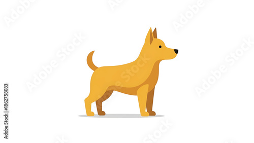 A simple, cartoon illustration of a dog standing. It is gold-colored with dark features and a shadow. The background is white