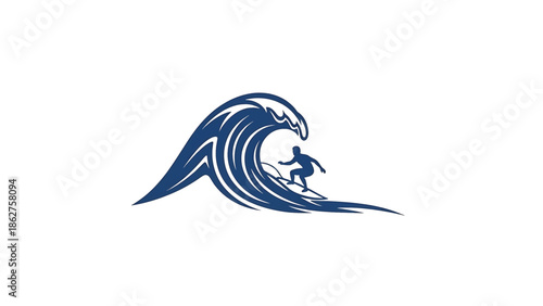 A silhouette of a surfer riding a large wave in a stylized graphic, utilizing shades of blue against a white background. This design is clean and dynamic