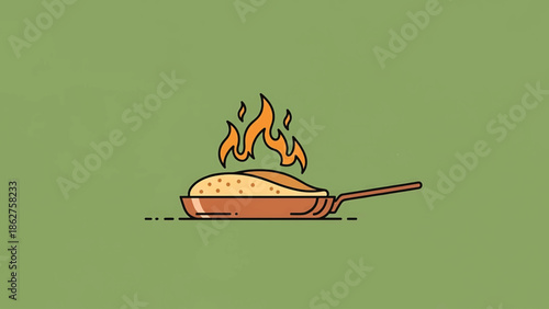 A simple, flat illustration of food cooking on a stovetop with flames.  The pan holds food with flames rising