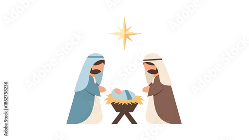 A simple, flat illustration of the nativity scene with a baby in a manger between two figures, under a shining star. The color palette is muted