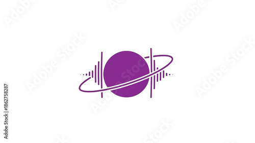 A simple graphic design composed of a purple sphere encircled by two lines, with lines and arcs that suggest waves