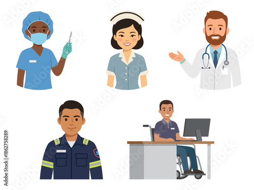 Diverse healthcare professionals in various roles and attire, standing or sitting in a clinical environment, viewed from directly above