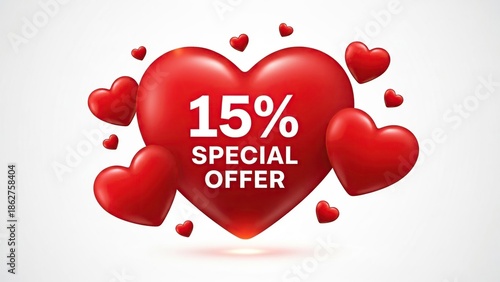 Red heart shape 3D render with 15% special offer text for Valentine's Day promotion