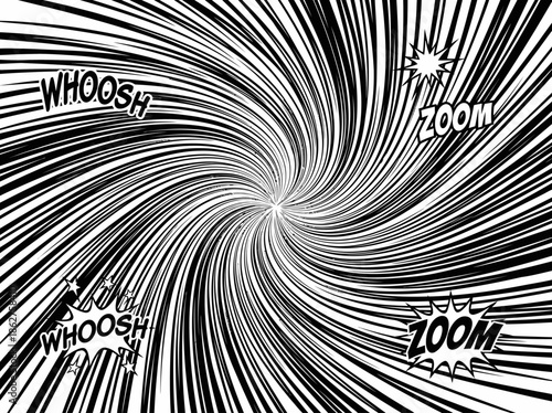 Dynamic Abstract Illustration Featuring Swirling Lines and Energetic Text Elements