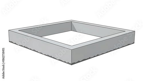 A simple, gray, square-shaped structure with an open center sits against a white background, appearing as if it's floating