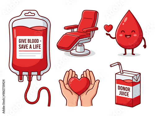 Donation process illustration with blood bag, donor chair, and juice carton, promoting life-saving donation in a caring environment