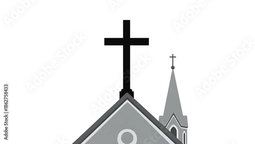 A simple grayscale illustration presents the upper portion of a church building, featuring a large cross atop its roof. A smaller steeple sits adjacent