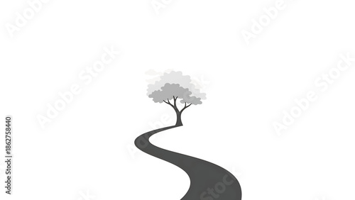 A simple grayscale illustration featuring a winding road leading towards a stylized tree with a rounded crown against a white background