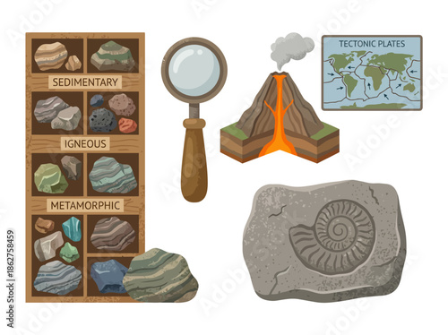 Geological formations and fossils examined with a magnifying glass near a volcano and tectonic map