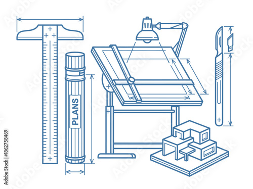 Technical drawing of architectural plans and drafting tools on a desk with precise measurements