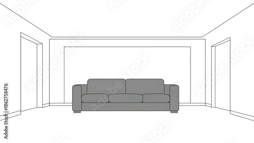 A simple grayscale interior illustration featuring a three-seater couch centered against a plain wall within a room, with doorways on each side